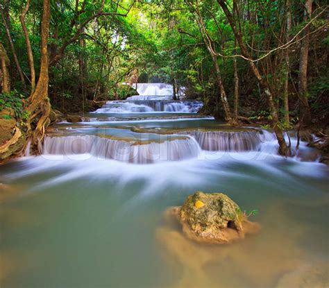 Waterfall And Blue Stream In The Forest Kanjanaburi Thailand Stock