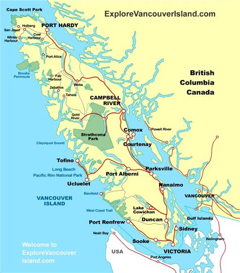 A Map Of The British Columbia Region With Major Cities And Towns On It