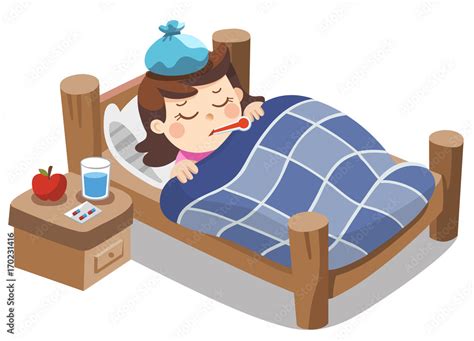sick cute girl sleep in bed with a thermometer in mouth and feel so bad with fever stock vector