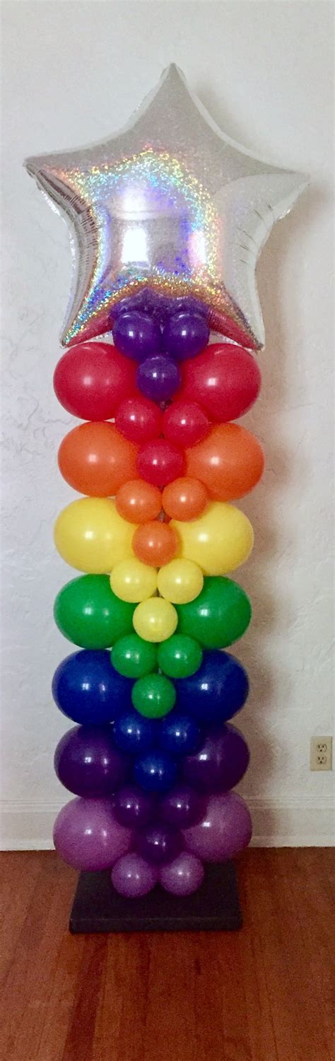 Rainbow Balloon Column With Super Sparkly Holographic Star Topper