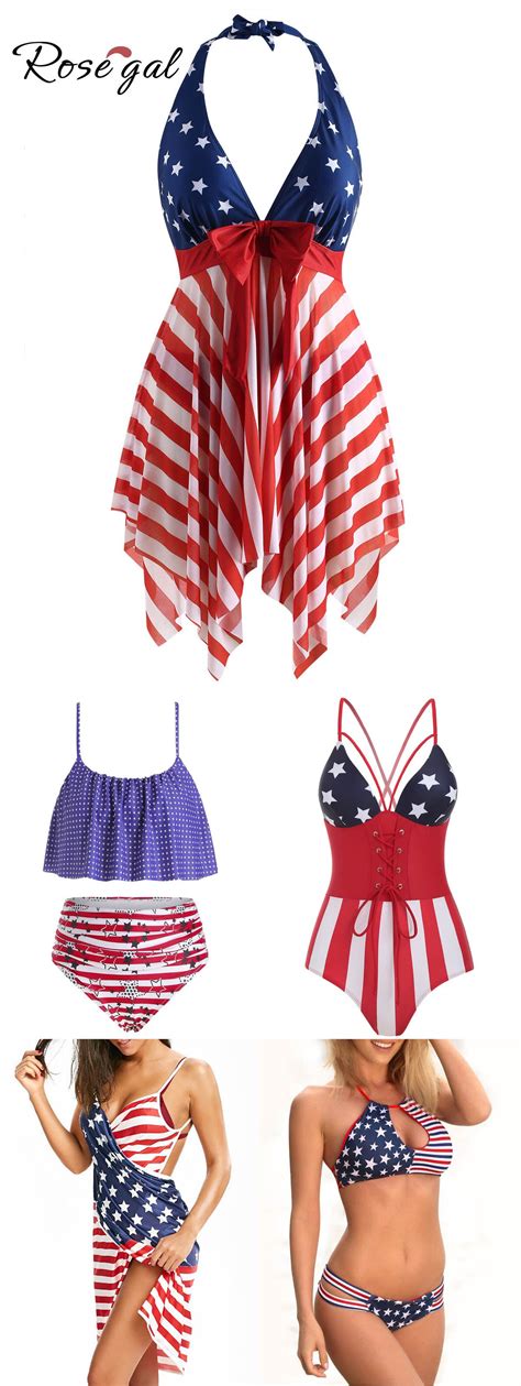 Rosegal Striped And Star American Flag Print Swimsuits Print Swimsuit Wrap Bikini Set Plus