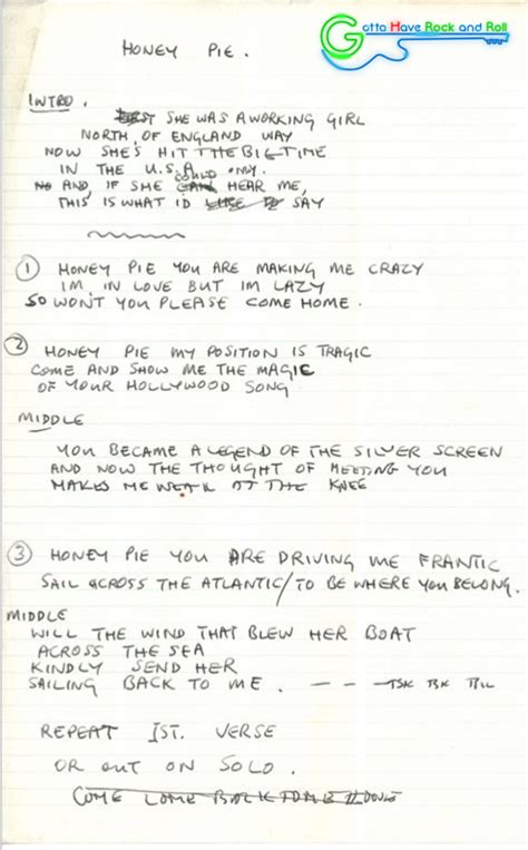 Paul Mccartney Handwritten Lyrics For Honey Pie Rbeatles