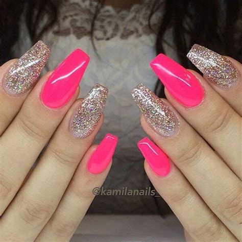 Coffin Hot Pink Acrylic Nails With Glitter Here We Have Acrylic
