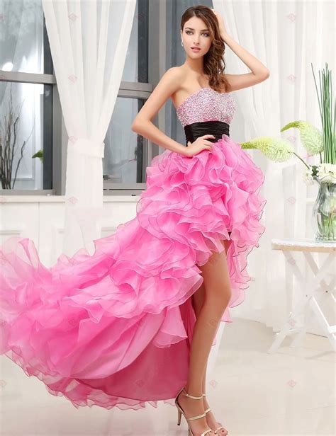 2017 Fashion Black And Hot Pink Prom Dresses Strapless Belt Beaded Ruffles Organza Party Gowns