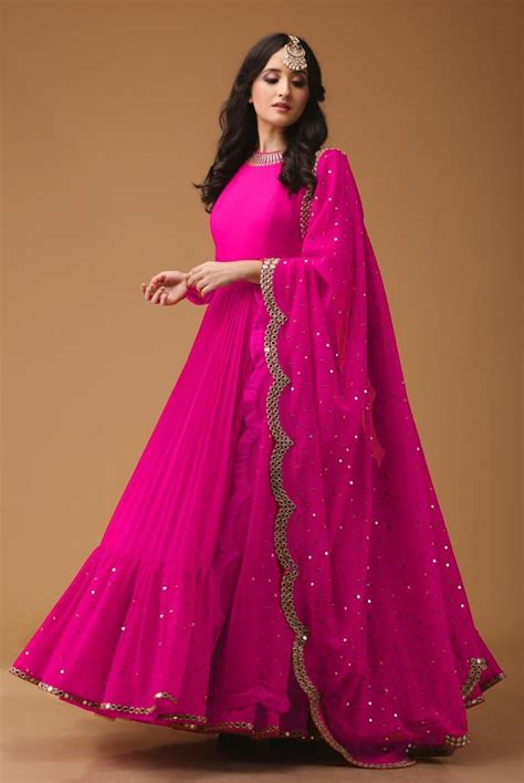 Pink Color Georgette Foil Mirror Less Gown Indian Gowns Dresses Indian Gowns Indian Designer