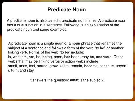 The predicate nominative is one of two related types of subject complements, the other being the predicate adjective. a noun example - DriverLayer Search Engine
