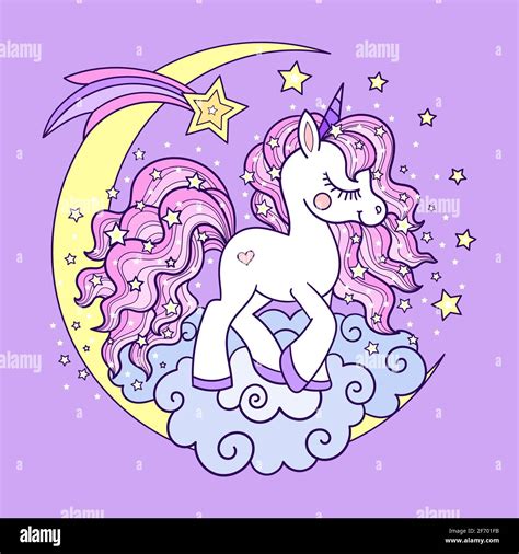 Cute White Unicorn With Pink Mane On The Moon Childrens Illustration