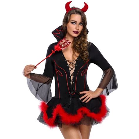 Adult Women Halloween Sexy Devil Demon Mistress Costume Hot Front Lace Up Plunge V Neck Mini
