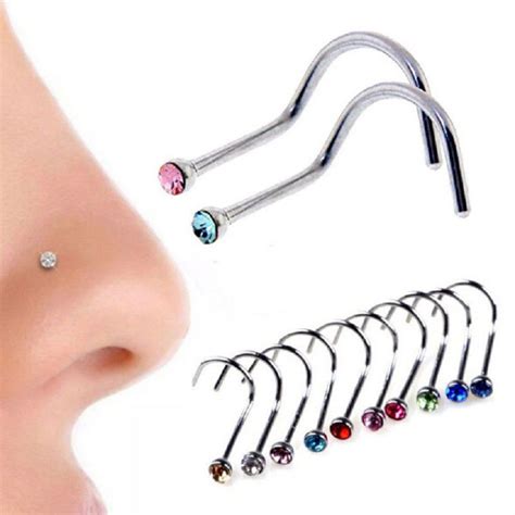 10Pcs Mixd Color Rhinestone Hook Bone Bar Pin Piercing Jewelry Nose