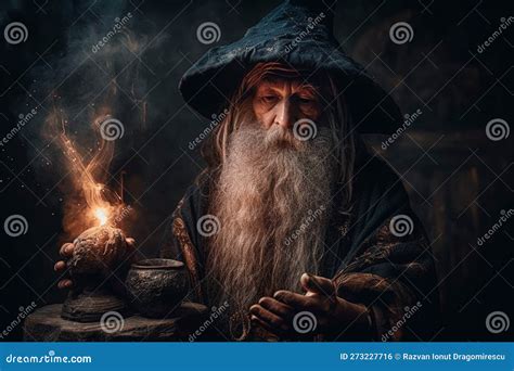 Old Wizard Wearing A Hat Waving His Wand And Casting A Spell Creating