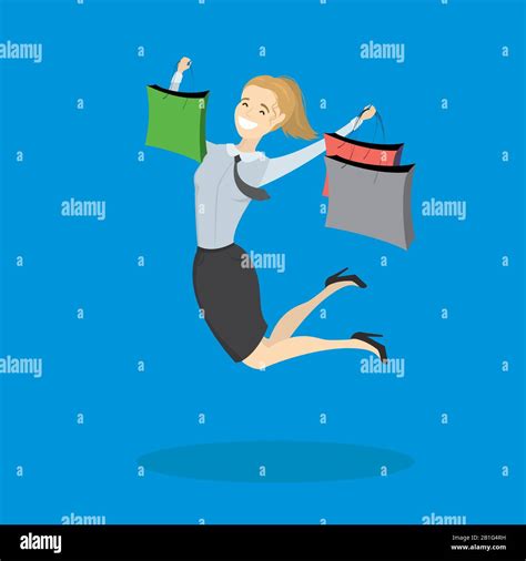Feliz Jumping Mujer Con Bolsas De Compras Dibujos Vectoriales Dibujos Animados Imagen Vector De