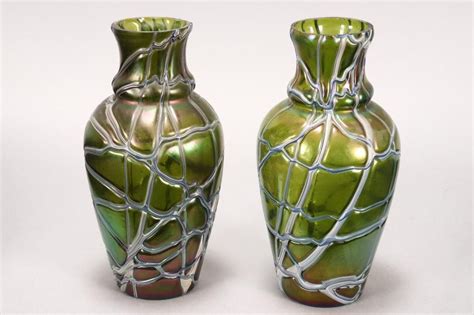 Pair Of Loetz Iridescent Threaded Art Glass Vases Of Baluster