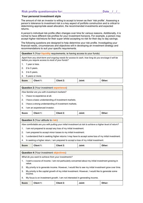 Risk Tolerance Questionnaire Template