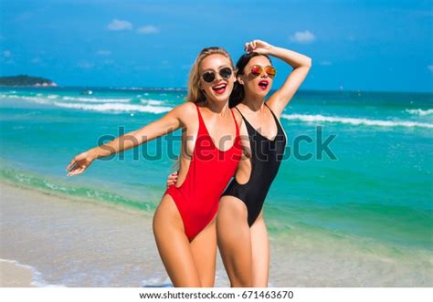 Two Tanned Sexy Girls Run Along Stock Photo 671463670 Shutterstock