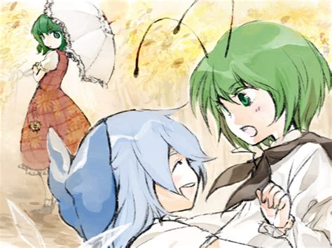 safebooru antennae bad id blue hair bow cirno closed eyes eyes closed green hair hair bow