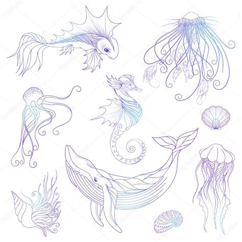 Marine Life Set Sea And Ocean Creatures — Stock Vector © Littlepaw