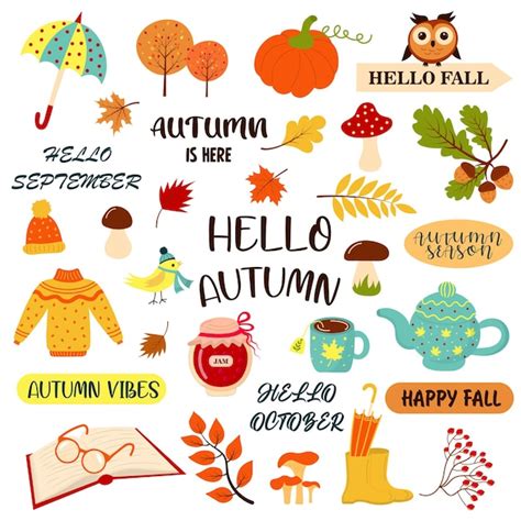 Premium Vector Hello Autumn Set With Autumn Phrases And Cozy Fall