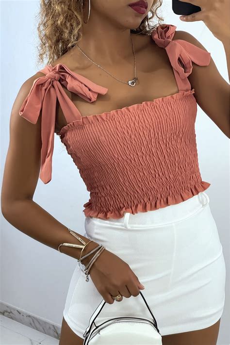 Dark Pink Ruched Bustier Crop Top With Tie Strap