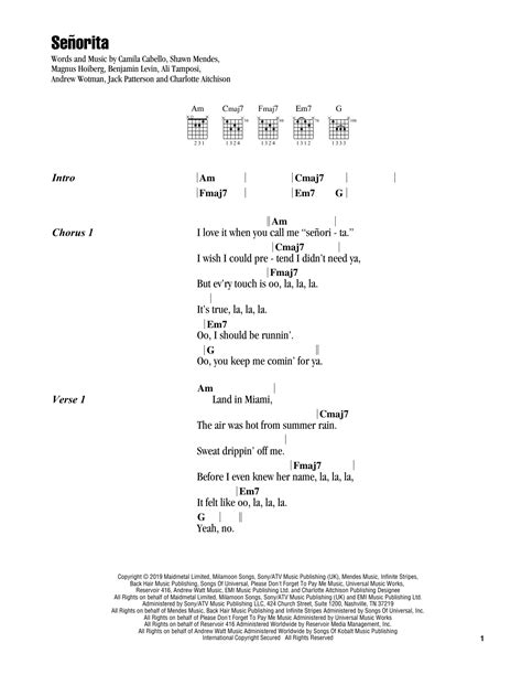 Señorita By Shawn Mendes And Camila Cabello Guitar Chordslyrics