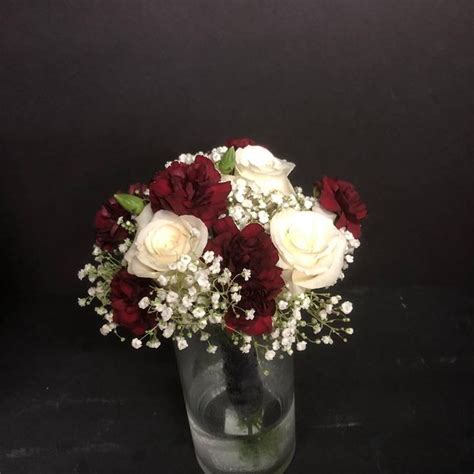 Simple Bridal Bouquet With 3 White Roses Burgundy Mini Carnations And