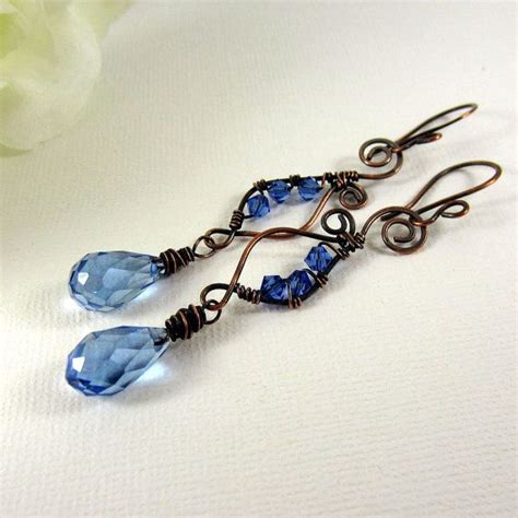 Blue Wire Wrapped Copper Earrings Oxidized Antique Copper Etsy