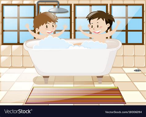 Two Boys Taking Bath Together In Tub Royalty Free Vector