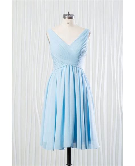 Elegant Short Chiffon Bridesmaid Dress Pleated In V Neck Sky Blue Fn6902
