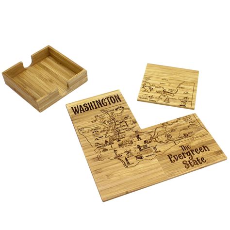 Washington State Puzzle 4 Pc Coaster Set With Case Totally Bamboo
