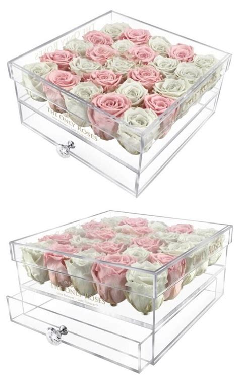 White And Light Pink Color Preserved Roses Large Acrylic Rose Box In