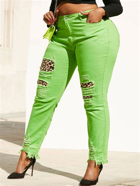 32 Off 2021 Neon Colored Ripped Leopard Panel Plus Size Skinny Jeans