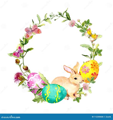 Easter Wreath With Easter Bunny Colored Eggs Grass And Flowers