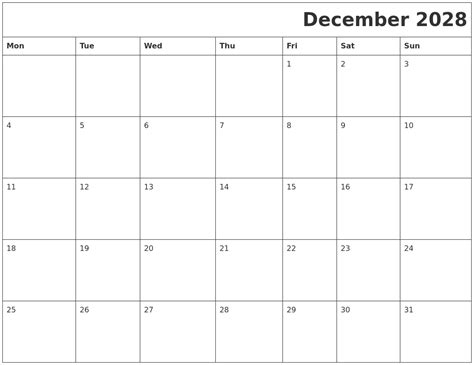 December 2028 Download Calendar