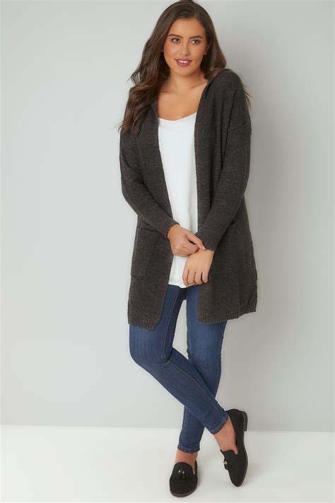 Dark Grey Hooded Cardigan With Pockets Plus Size 16 To 36