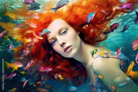 dreaming and relaxation concept a woman with flowing ginger hair swims underwater with tropical