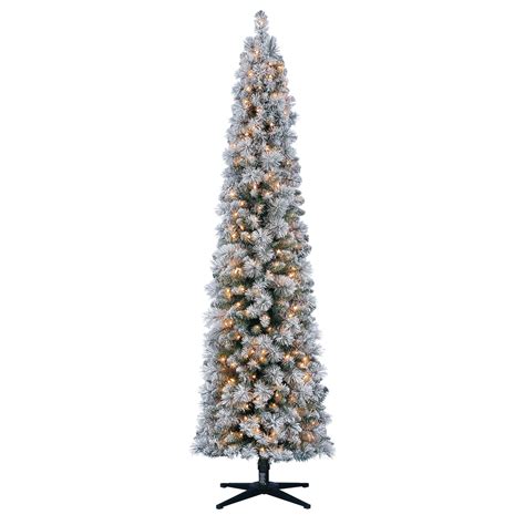 Holiday Time Flocked Pencil Christmas Tree 7 Ft White On Green
