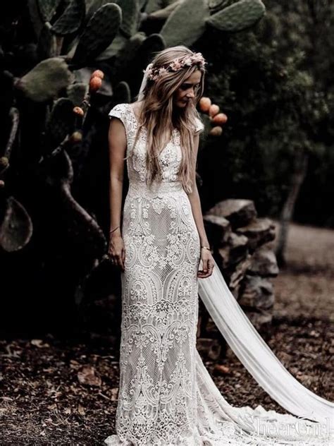 Boho Lace Wedding Dress In Sheath Silhouette Made To Order White Lace Bridal Gown On Light Nude