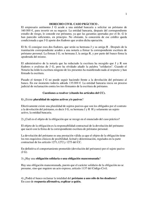 Caso Practico Civil Devolucion De Prestamo Incumplida 1 Derecho