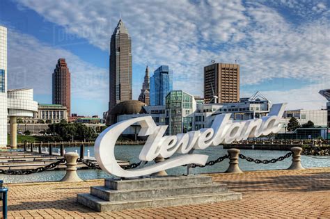 View Of Cleveland Lettering In Front Of Skyline Stock Photo Dissolve