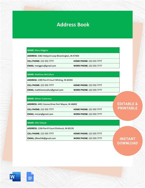 Address Book Template In Word Free Download