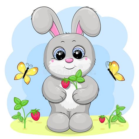 Cute Cartoon Gray Rabbit With Strawberries And Butterflies Stock