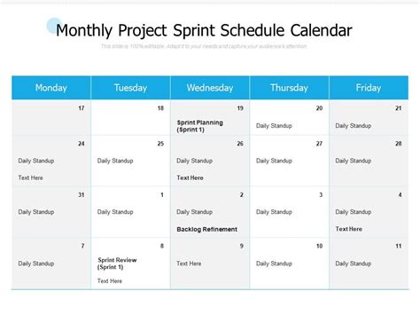 Monthly Project Sprint Schedule Calendar Powerpoint Slide