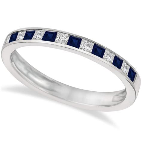 Princess Cut Diamond And Blue Sapphire Ring Band 14k White Gold 060ct