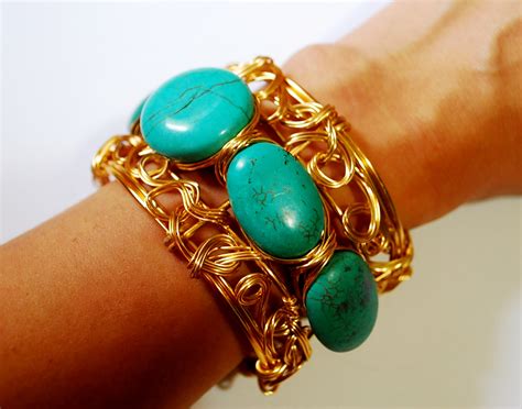 Wire Wrapped Cuff Bracelet Made With Turquoise Gemstones On Luulla