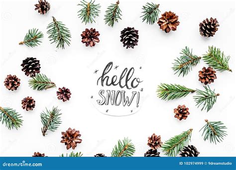 Hello Snow Hand Lettering Winter Pattern With Spruce Branch And Cones