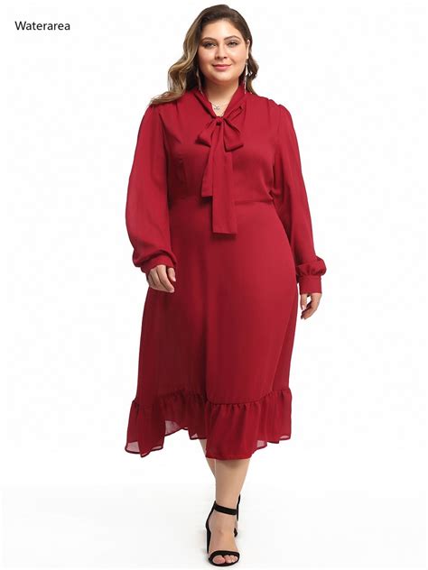2019 New Plus Size Women S Bow Collor Long Sleeve Solid Color Long Loose Ruffles Dress Sexy