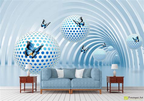 Wall Murals With 3d Effect Blue Tunnel With Balls And Butterflies