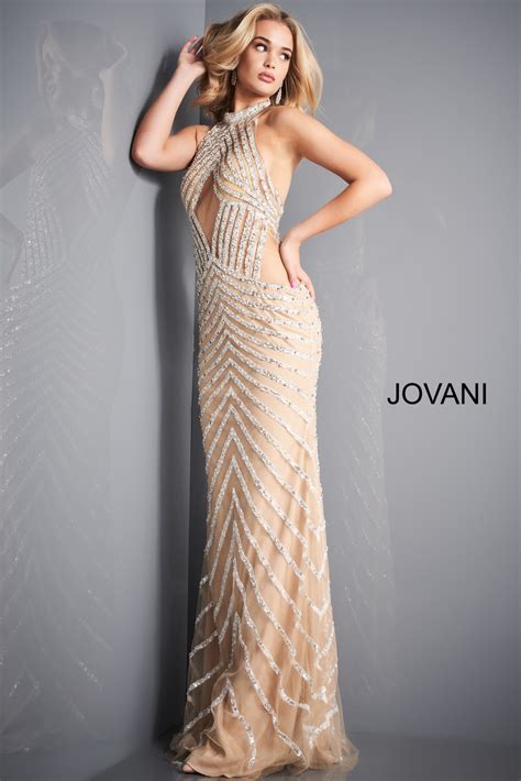 Jovani Nude White Sheer Cut Outs Prom Dress