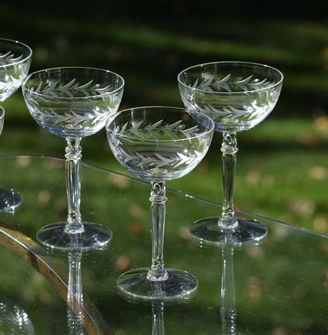 vintage etched crystal champagne coupes cocktail glasses set of 4 fostoria holly circa