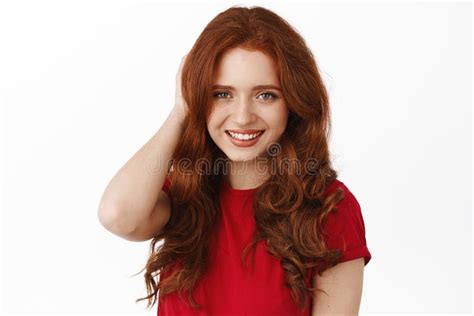 Happy Redhead Beauty Long Curly Hair Standing Studio Smiling Camera