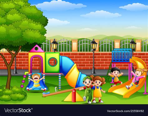 Happy Children Playing In School Playground Vector Image